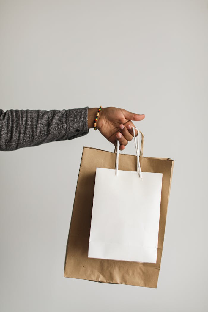 A stylish hand extends with paper shopping bags, symbolizing a seamless online shopping experience.